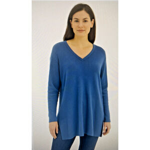 J Jill Sweater XL Teal Blue Tunic V-Neck Pullover Knit Cotton Silk Wool sweater